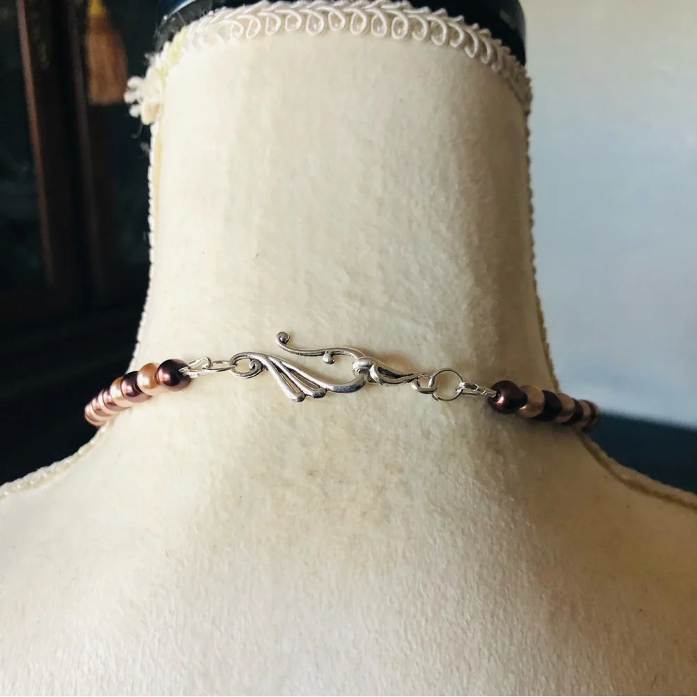 Handcrafted repurpose Tiger eye stone pendant Czech glass Pearl necklace